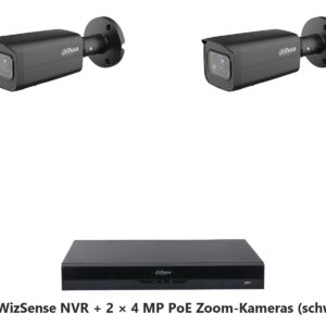 Dahua Set 8-Kanal WizSense NVR mit 2 x 4 MP PoE WizSense Bullet-Kameras mit optischem Zoom, schwarz
