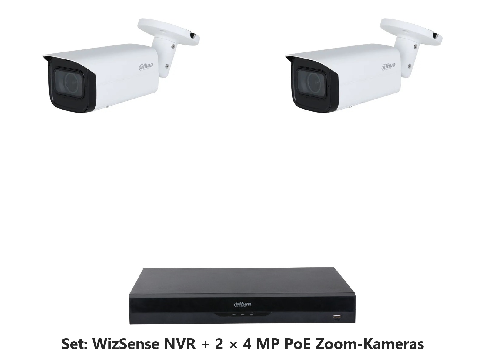 Dahua Set 8-Kanal WizSense NVR mit 2 x 4 MP PoE WizSense Bullet-Kameras mit optischem Zoom
