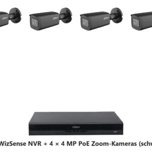 Dahua Set 8-Kanal WizSense NVR mit 4 x 4 MP PoE WizSense Bullet-Kameras mit optischem Zoom, schwarz