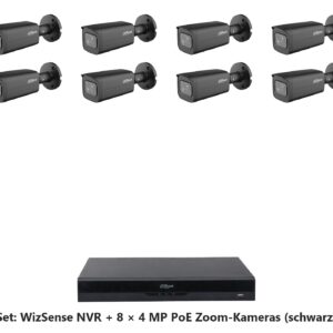 Dahua Set 8-Kanal WizSense NVR mit 8 x 4 MP PoE WizSense Bullet-Kameras mit optischem Zoom, schwarz