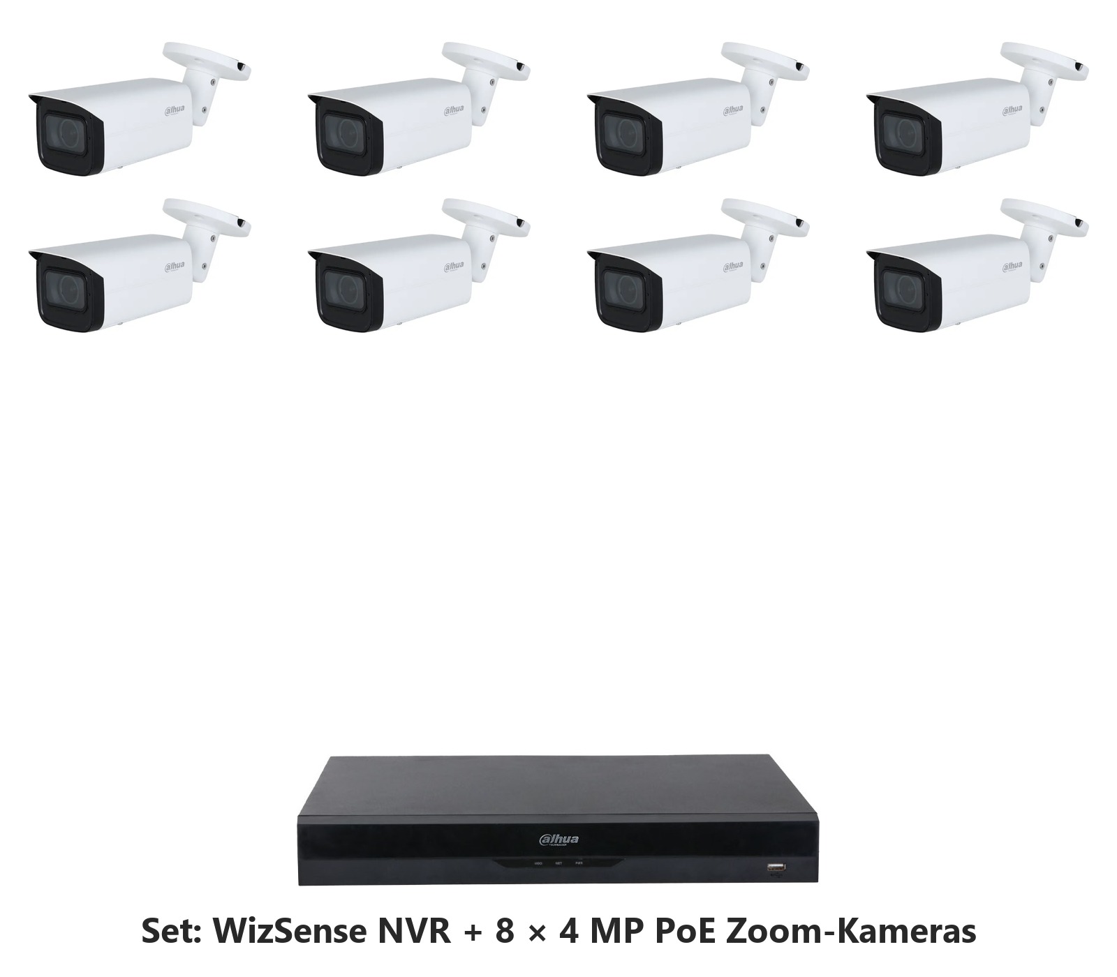 Dahua Set 8-Kanal WizSense NVR mit 8 x 4 MP PoE WizSense Bullet-Kameras mit optischem Zoom