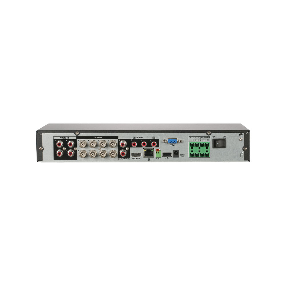 Dahua DH-XVR5108HE-I3 Rückseite mit 8 BNC-Eingängen, HDMI, VGA und RJ45